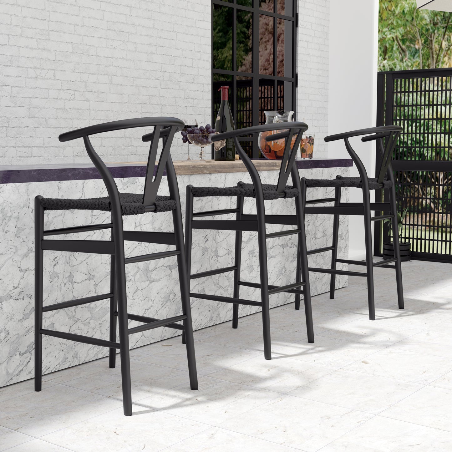 Evelina Outdoor Bar Stool in Matte Black Frame Color and Seat - Set of 1