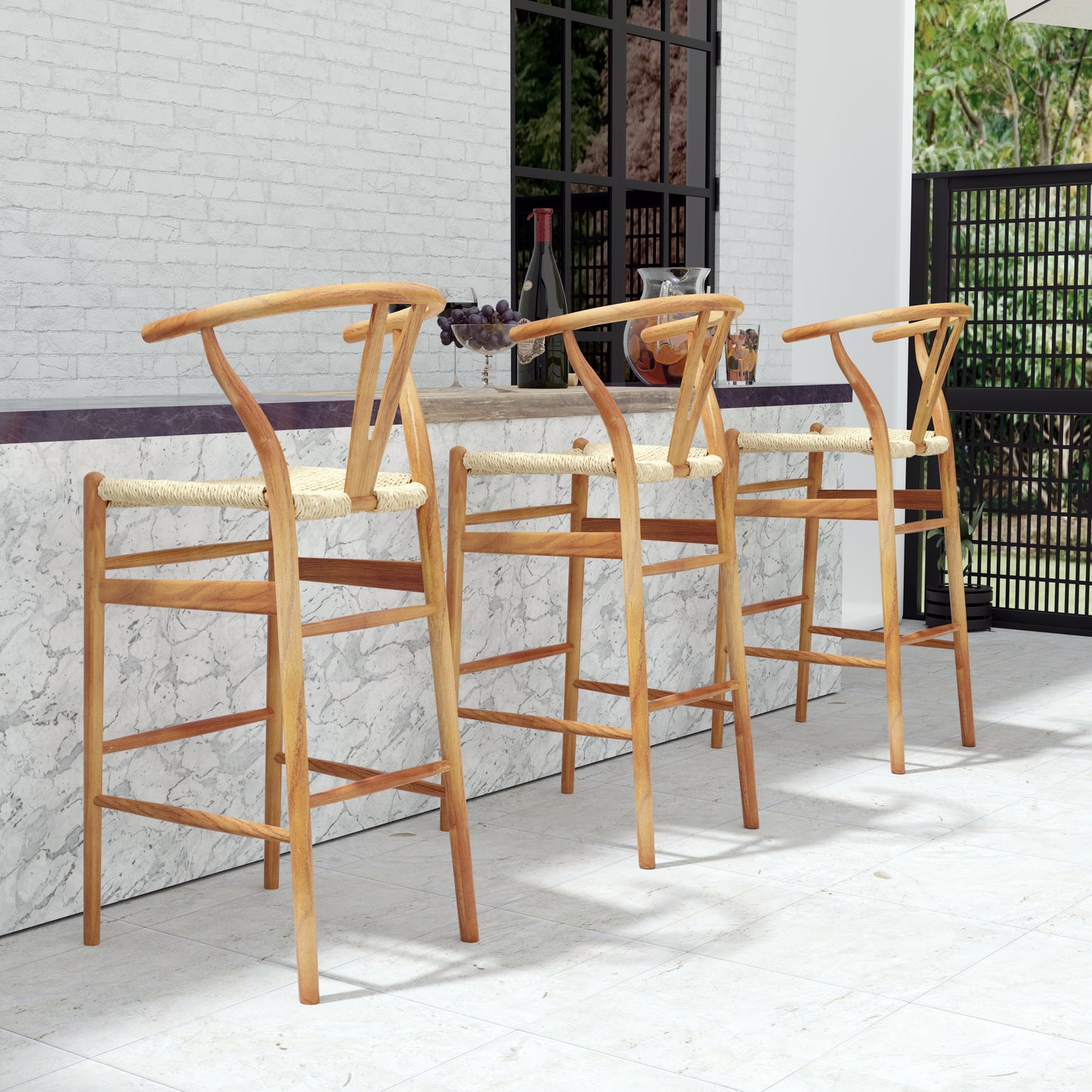 Evelina Outdoor Bar Stool in Golden Ash Frame and Natural Seat - Set of 1