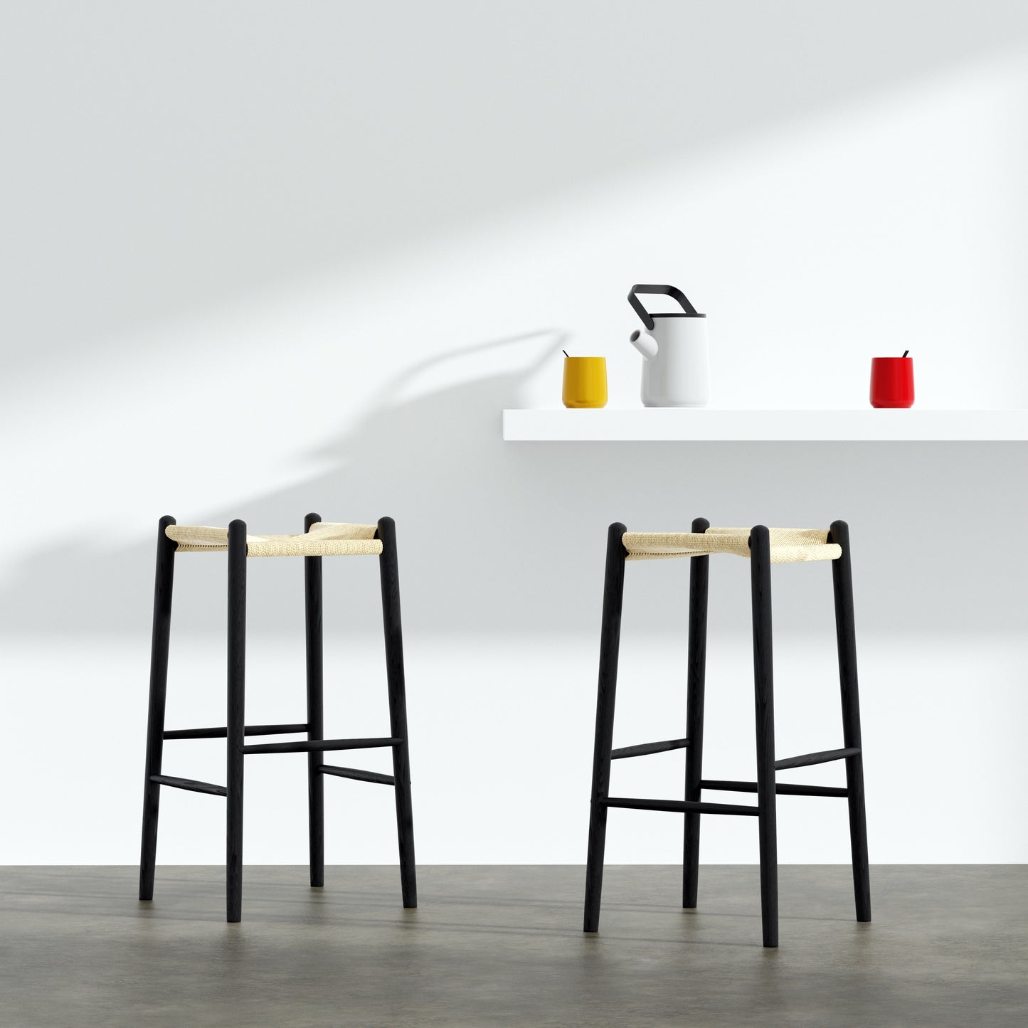 Evelina Bar Stool without Backrest with Black Frame and Natural Rush Seat - Set of 1