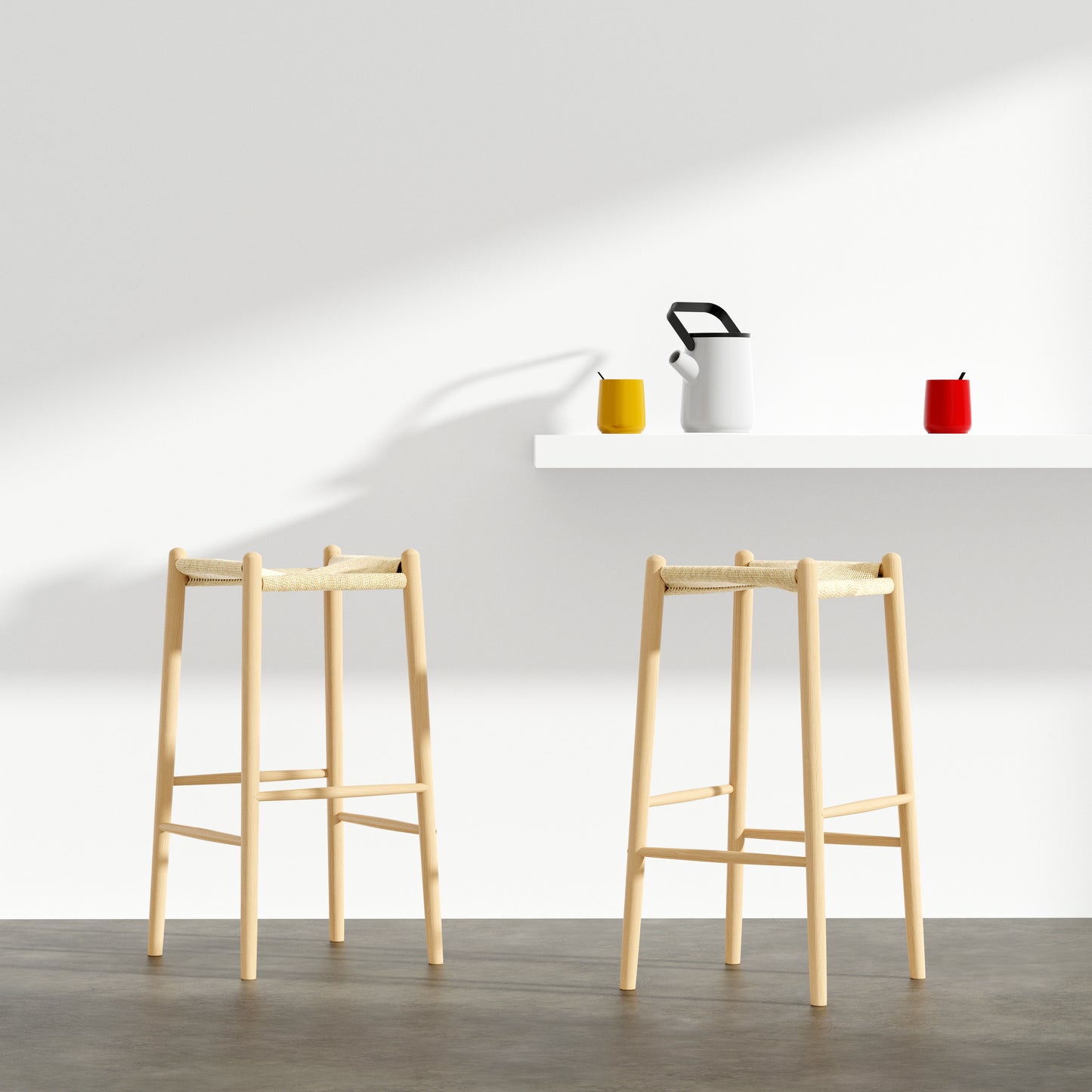 Evelina Bar Stool without Backrest with Natural Frame and Rush Seat - Set of 1