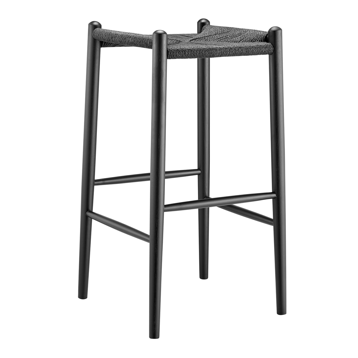 Evelina Bar Stool without Backrest with Black Frame and Rush Seat - Set of 1