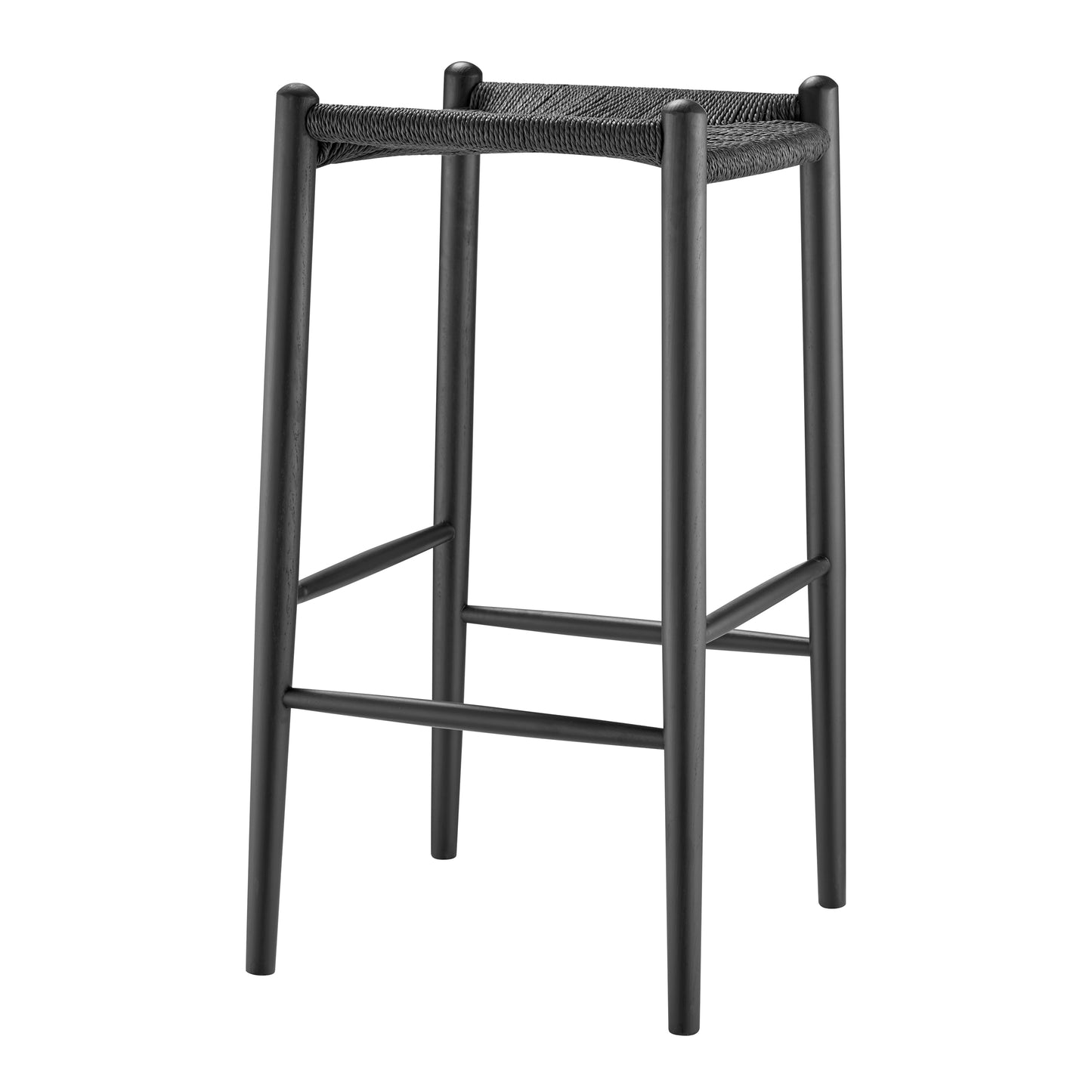 Evelina Bar Stool without Backrest with Black Frame and Rush Seat - Set of 1