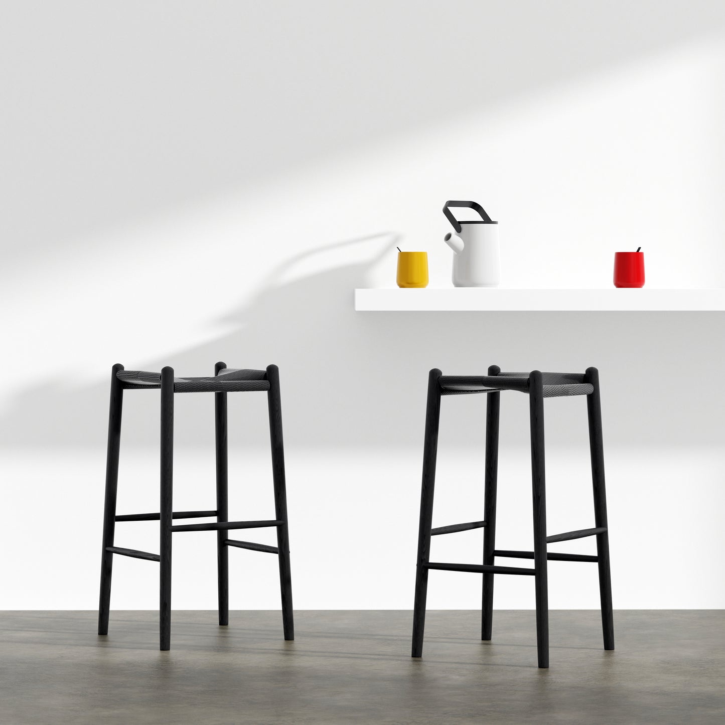 Evelina Bar Stool without Backrest with Black Frame and Rush Seat - Set of 1